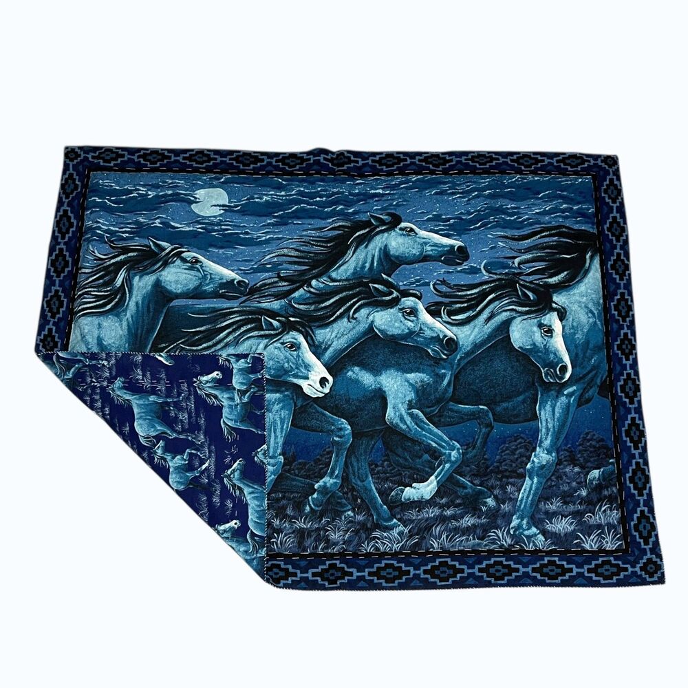 Vintage Fabric Panel Wild Horses Blue Reversible Wall Decor Quilt Craft 40.5x33"